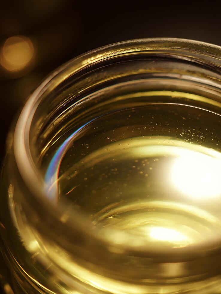 Close up of Golden Liquid in Glass Jar, Abstract Texture Background. photo