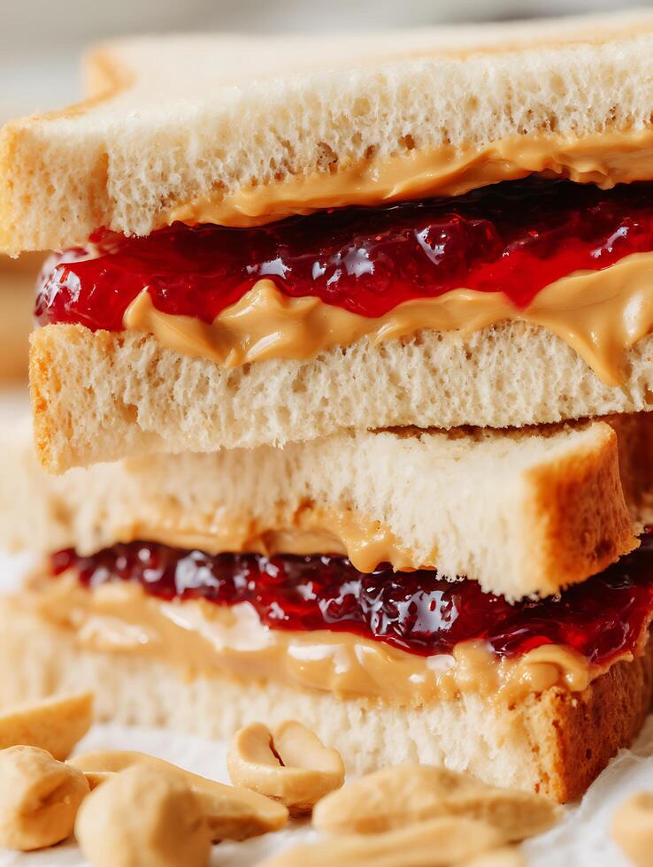 Close Up of a Delicious Peanut Butter and Jelly Sandwich. photo