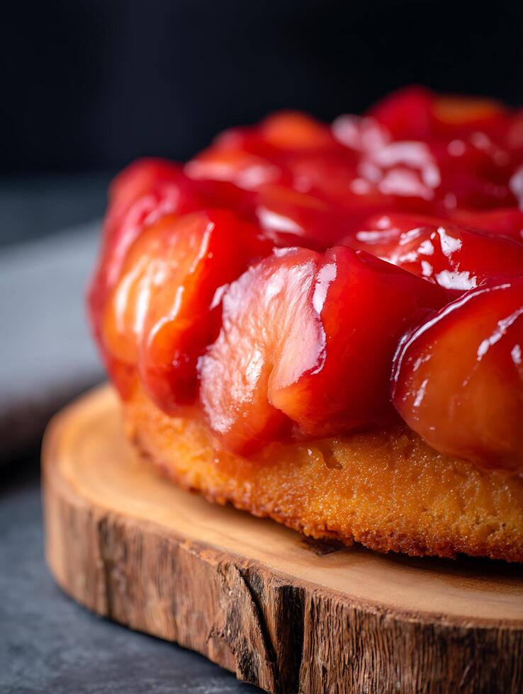 Close up of Delicious Apple Upside Down Cake on Rustic Wooden Board. photo