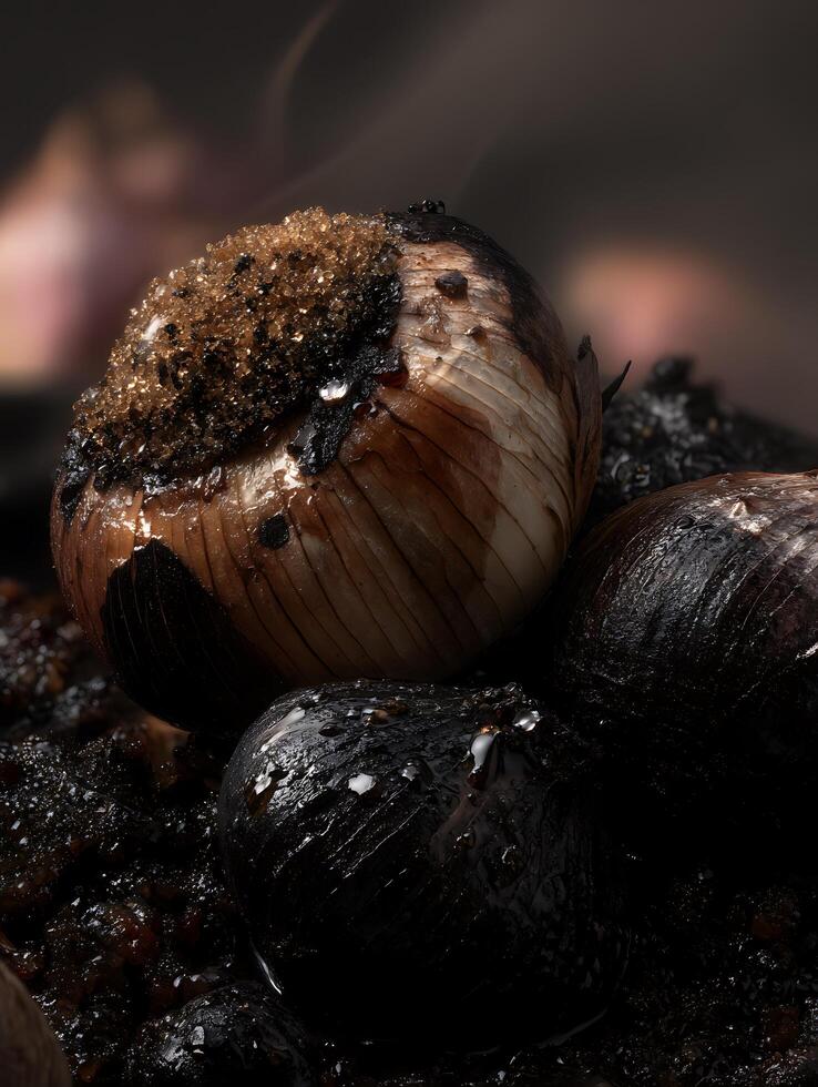 Close Up of Roasted Garlic Bulbs with Brown Sugar Crystals. photo