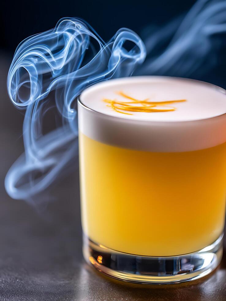 Pisco Sour Cocktail with Whipped Egg White and Orange Zest Garnish, Close Up. photo