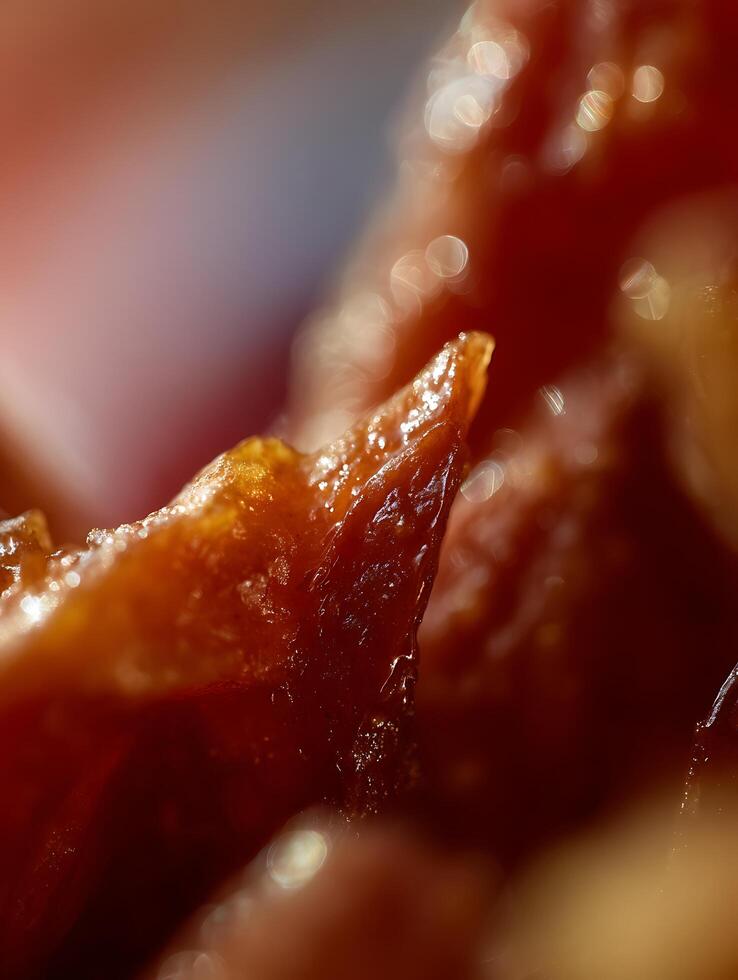 Close up of glistening, caramelized food, textured surface detail. photo