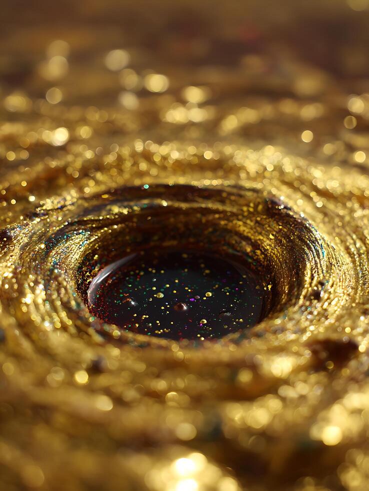 Glittering Gold Swirl with Dark Center Abstract Close Up of Shimmering Texture. photo