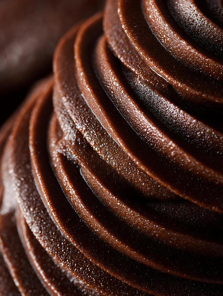 Close Up of Swirled Chocolate Frosting Texture, Rich Brown Dessert Topping. photo