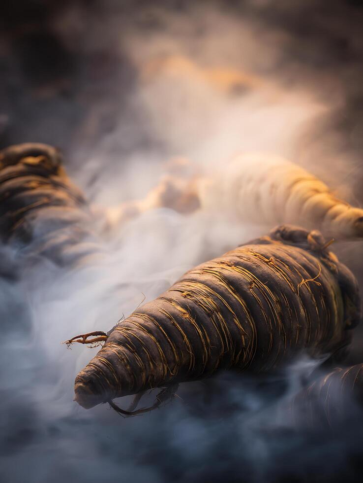 Steaming Roots Close Up of Smoked Root Vegetables. photo