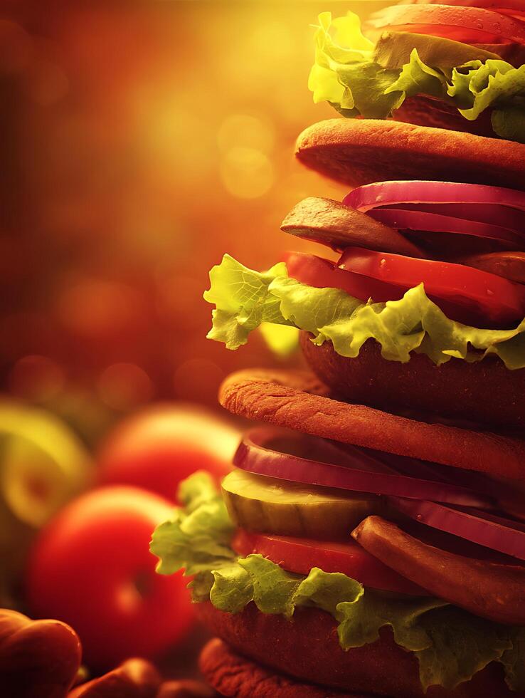 A Towering Gourmet Burger Close Up of Juicy Ingredients and Fresh Produce. photo