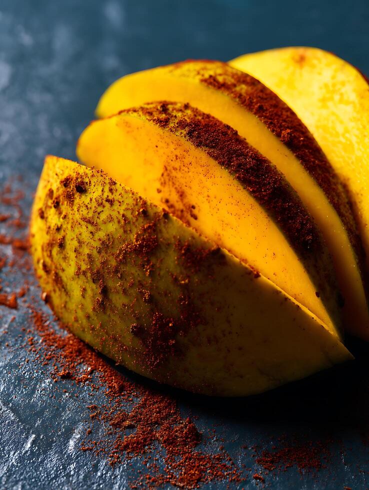 Close Up of Sliced Mango with Chili Powder. A vibrant food photography image perfect for culinary blogs or recipe websites. photo