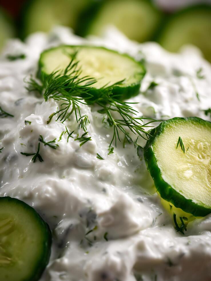 A bowl of cucumber dip with dill photo
