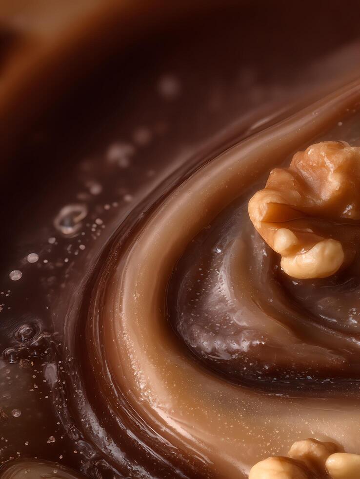 Close Up of Creamy Chocolate Swirl with Walnuts. A decadent image perfect for food blogs, packaging, and culinary publications. photo