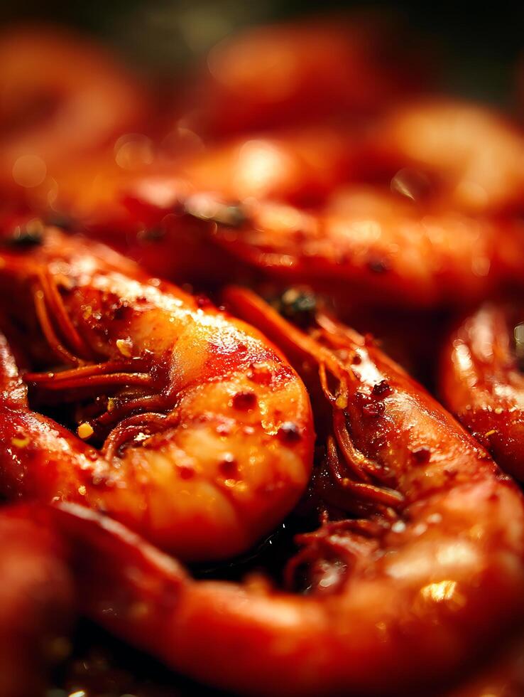 Close Up of Spicy, Glazed Shrimp. A Delicious and Vibrant Food Photography Image. photo