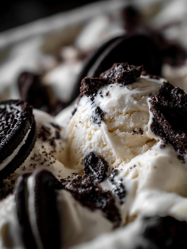 Close Up of Creamy Vanilla Ice Cream with Chocolate Cookies. photo