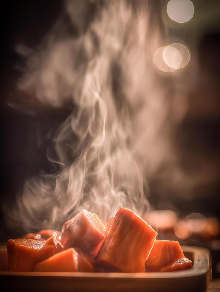 Steaming Sweet Potatoes A Close Up of Warm, Deliciously Cooked Sweet Potato Cubes. photo