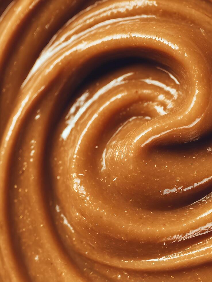 Close Up of Swirled Caramel Sauce, Rich Brown Texture. photo