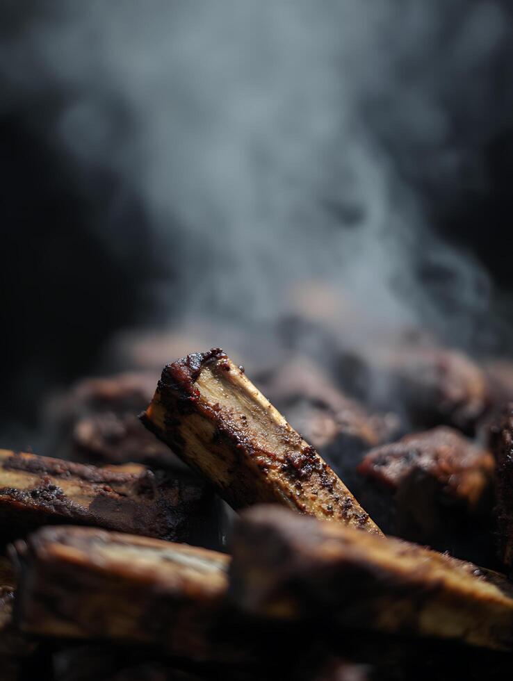 Close Up of Smoked BBQ Ribs on the Grill, Delicious Food Photography. photo