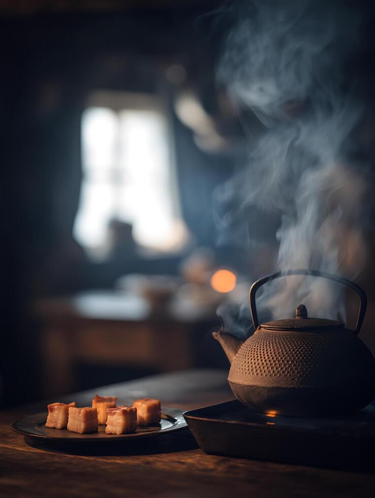 Steaming Teapot and Sweet Treats in Rustic Setting. A close up image of a traditional teapot emitting steam, accompanied by small, delectable pastries on a wooden table. photo