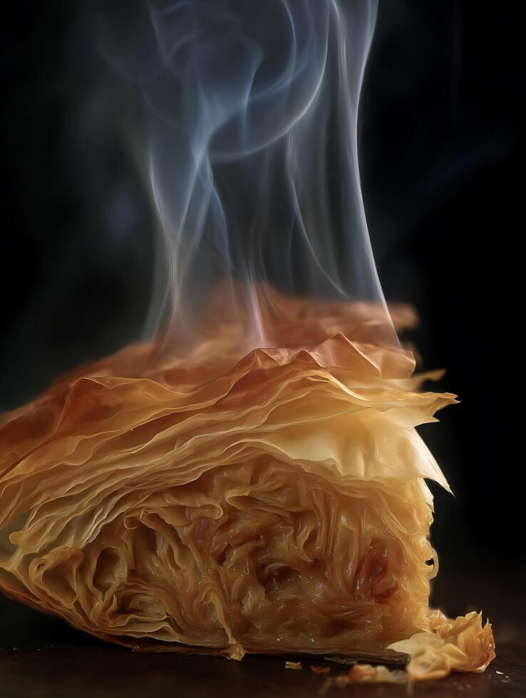 Close Up of a Warm, Golden Pastry with Rising Steam. photo