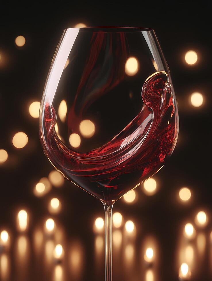 Swirling Red Wine in a Crystal Glass Against a Warm Bokeh Background. A close up image of a wine glass with red wine swirling inside, set against a backdrop of soft, warm lights. photo