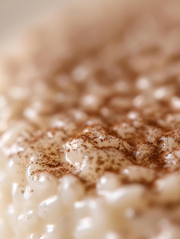 Close Up of Creamy Rice Pudding with Cinnamon. A Detailed Texture Shot of a Delicious Dessert. photo