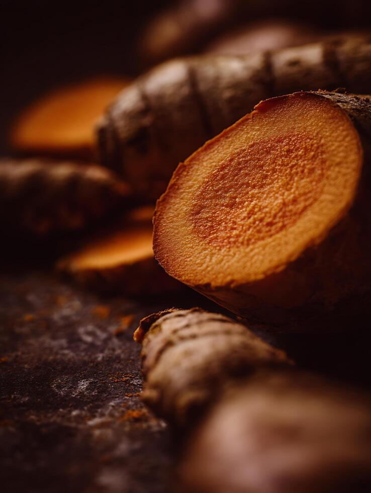 Close up of Turmeric Root, Sliced and Whole, Showing Rich Orange Hue. photo
