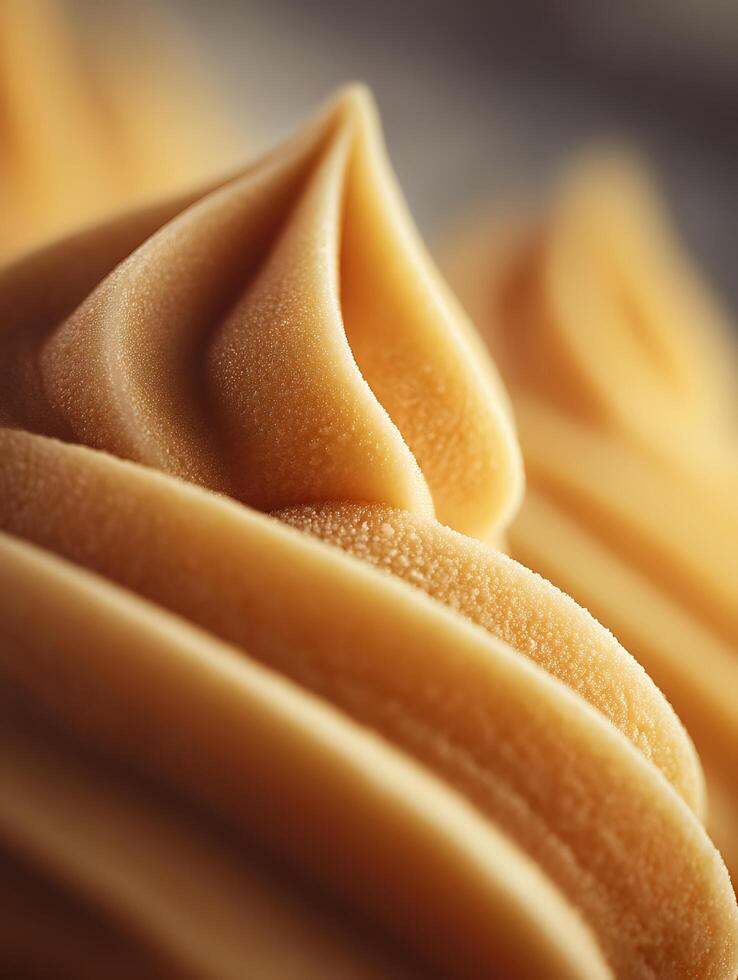 Close Up of Creamy Caramel Ice Cream Swirls, Delicious Dessert Texture. photo