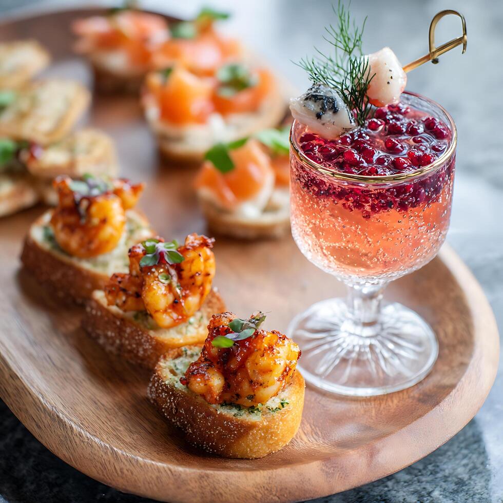 Gourmet Appetizers and Sparkling Pomegranate Cocktail on Wooden Tray. photo