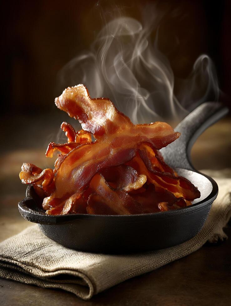 Crispy Bacon Sizzling in a Cast Iron Skillet, Close Up Food Photography. photo