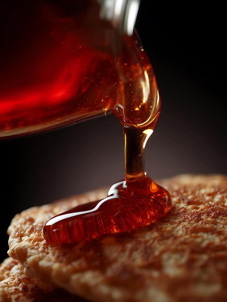 Golden Syrup Pouring onto Stack of Pancakes, Close Up Food Photography. photo