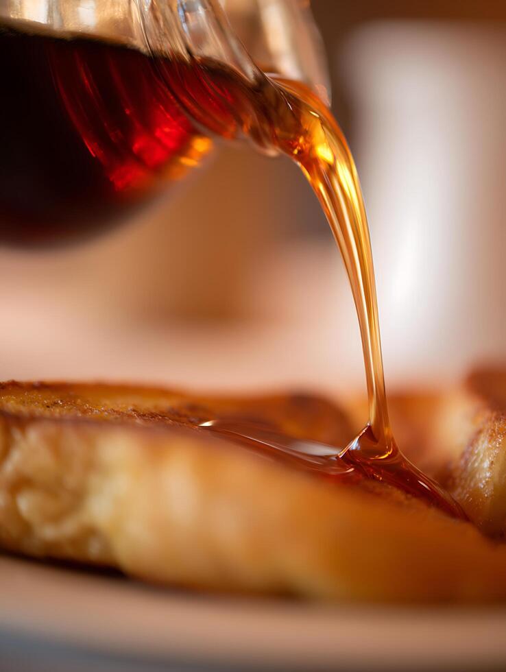 Pouring Maple Syrup onto Golden Brown French Toast. A close up image of delicious breakfast food. photo