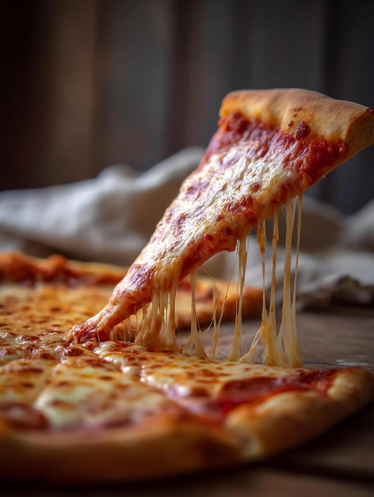 Delicious Cheese Pizza Slice with Melted Mozzarella. A close up shot of a pizza slice being lifted, showing strings of melted cheese. photo