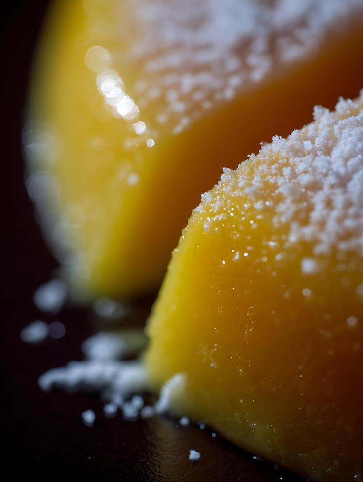 Close up of Sweet Yellow Dessert Topped with Sugar Crystals. photo