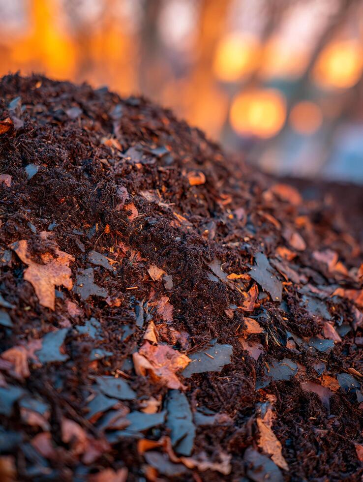 Rich Autumn Soil with Fallen Leaves at Sunset. A close up view of dark soil and decaying leaves. photo