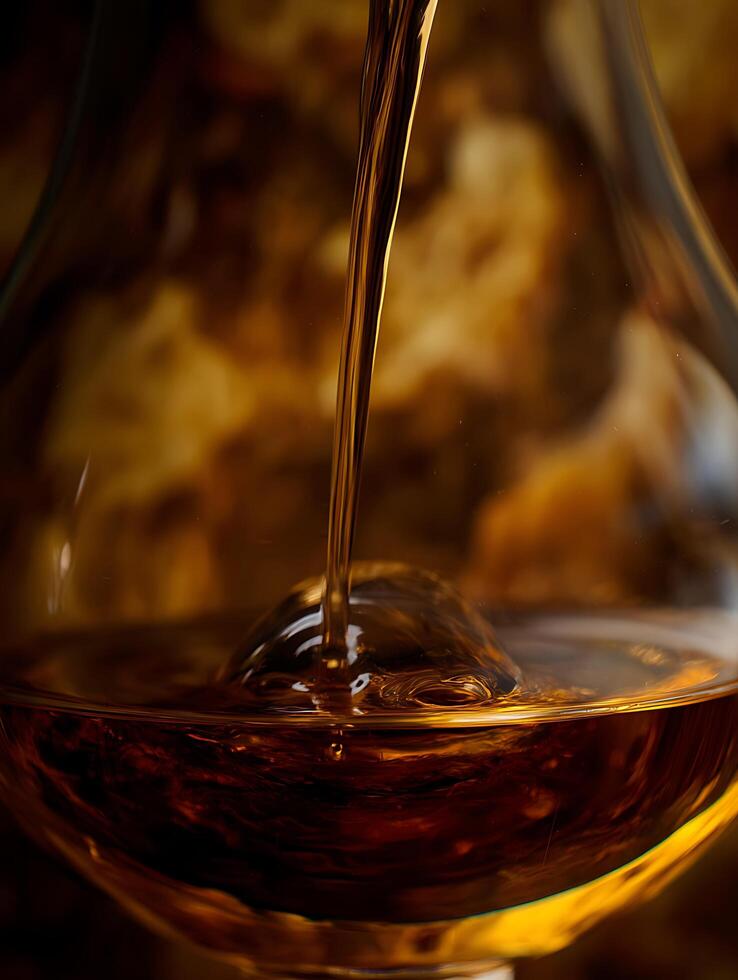 Amber Liquid Pouring into a Glass, Close Up. A Detailed Image of a Golden Beverage Filling a Glass. photo
