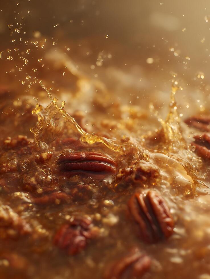 Close up of Pecans Roasting in Sweet Syrup, Golden Liquid Splashing. photo
