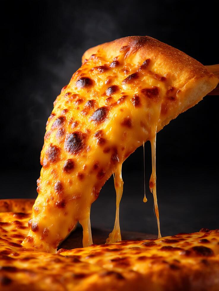 Delicious Cheese Pizza Slice with Melted Cheese Strings. A close up image of a cheesy pizza slice, perfect for food blogs and restaurant menus. photo
