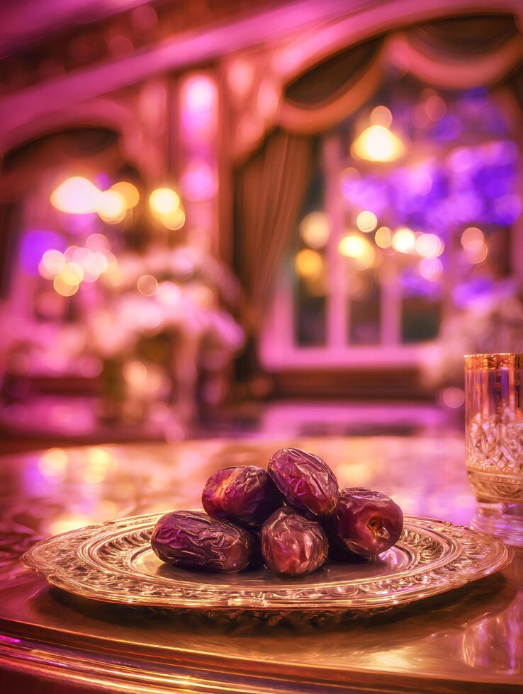 Luxurious Dates on Ornate Plate A Festive Still Life. photo