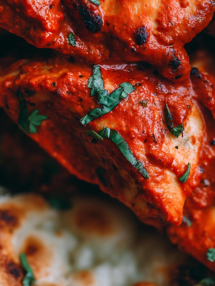 Close up of Indian Butter Chicken with Naan Bread. photo