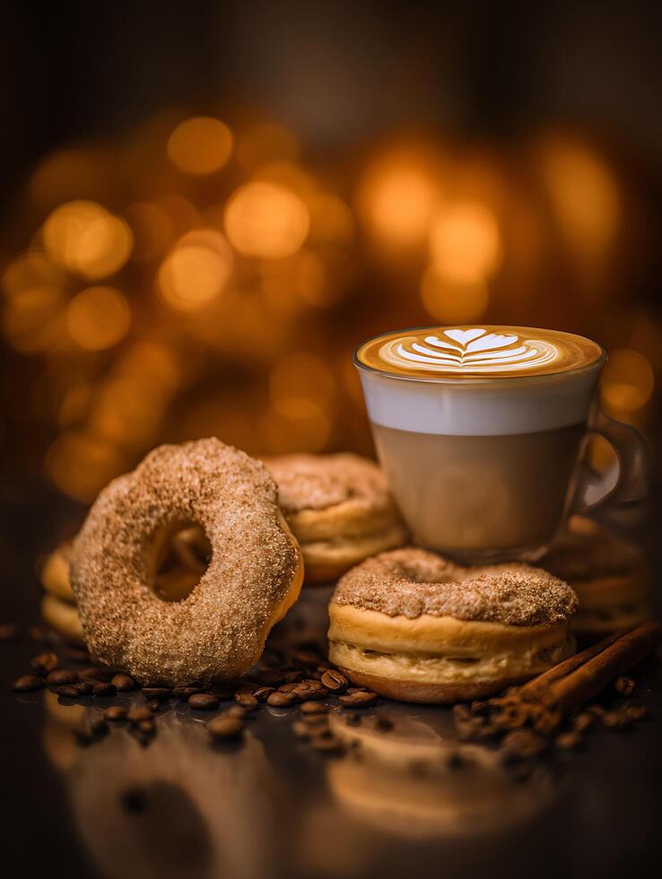Indulgent Coffee Break Latte Art and Cinnamon Sugar Donuts. photo