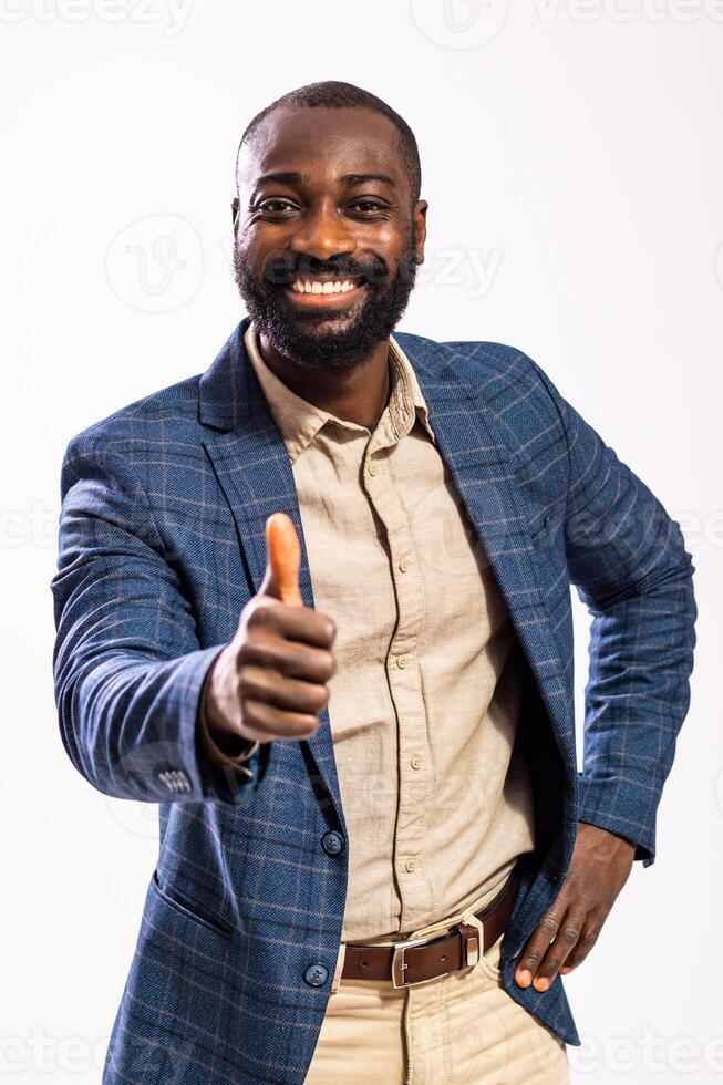 Successful black busine with a beard, looking at the camera with a satisfied expression and positive attitude.ssman photo