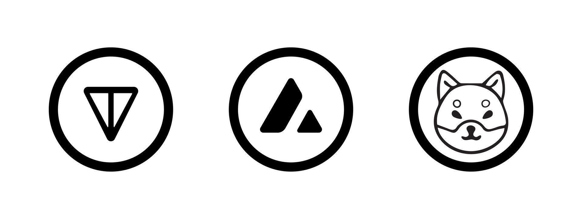 Minimal black and white doodle icons of Toncoin, Avalanche, and Shiba Inu. Hand-drawn outline set. Perfect for crypto dashboards, fintech apps, UI, NFTs, and blockchain education. vector