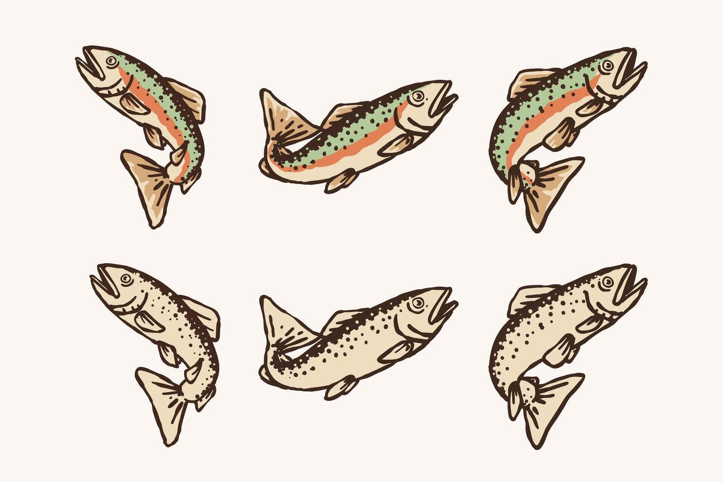 Rainbow Trout Illustration Set Hand Drawn Color and Monochrome Fish Collection vector