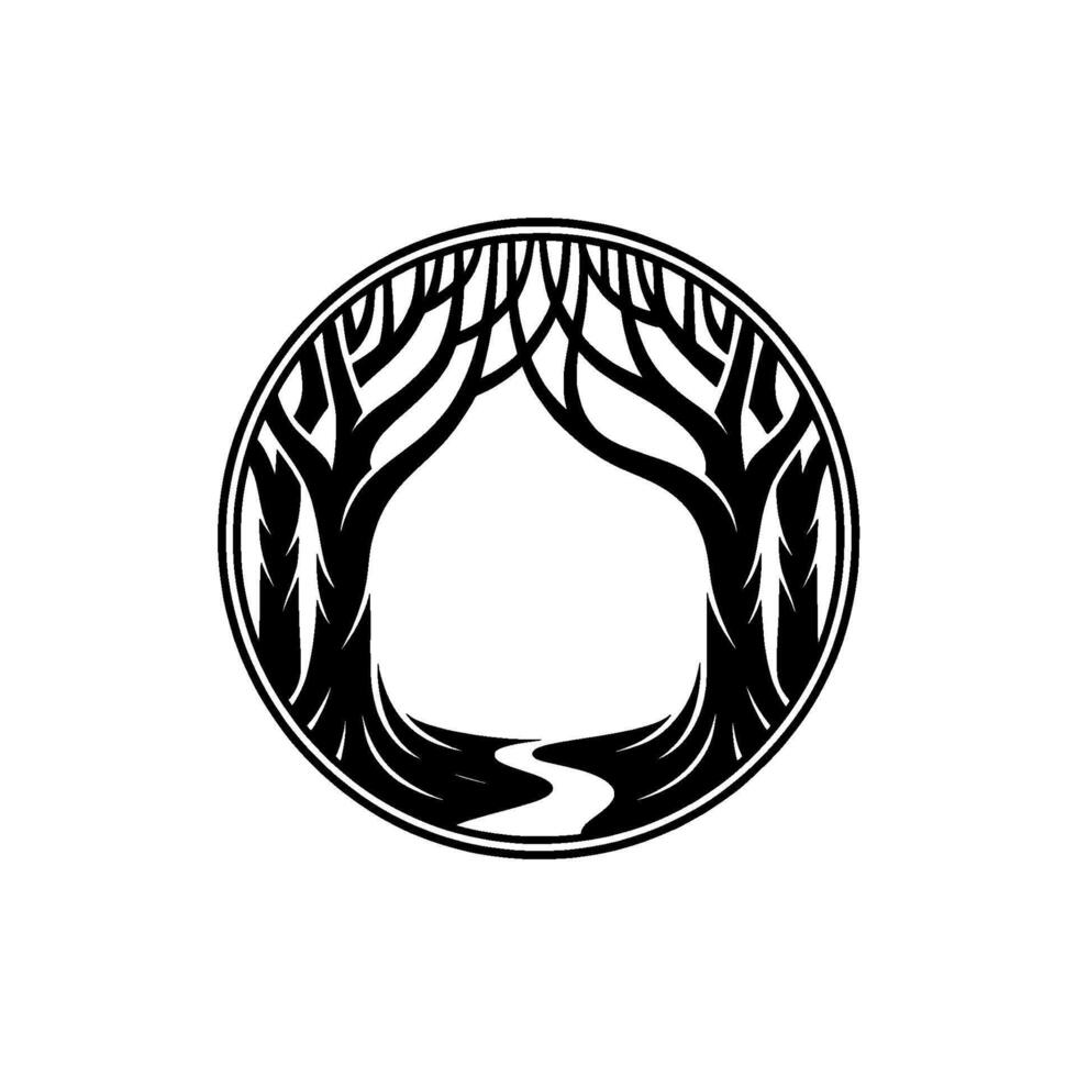 Mystical Forest Portal, Black White Emblem vector