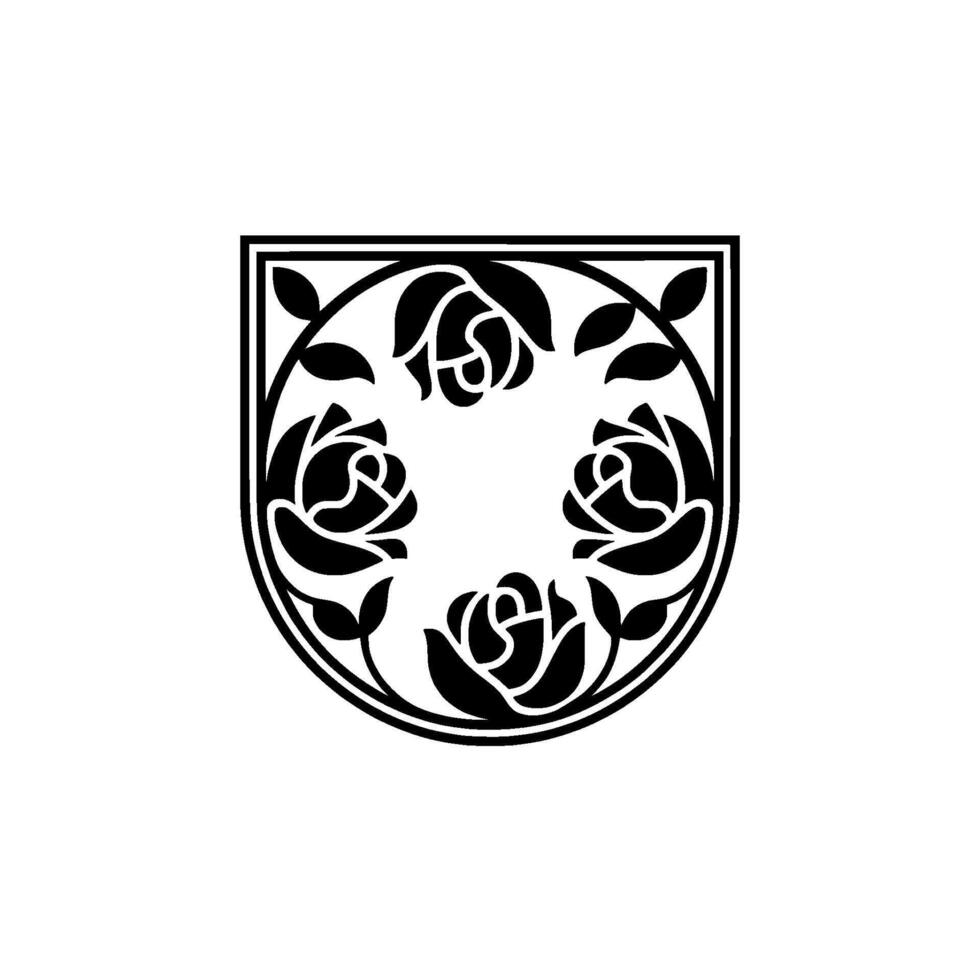 Elegant Black Rose Shield Emblem, Vintage Style vector