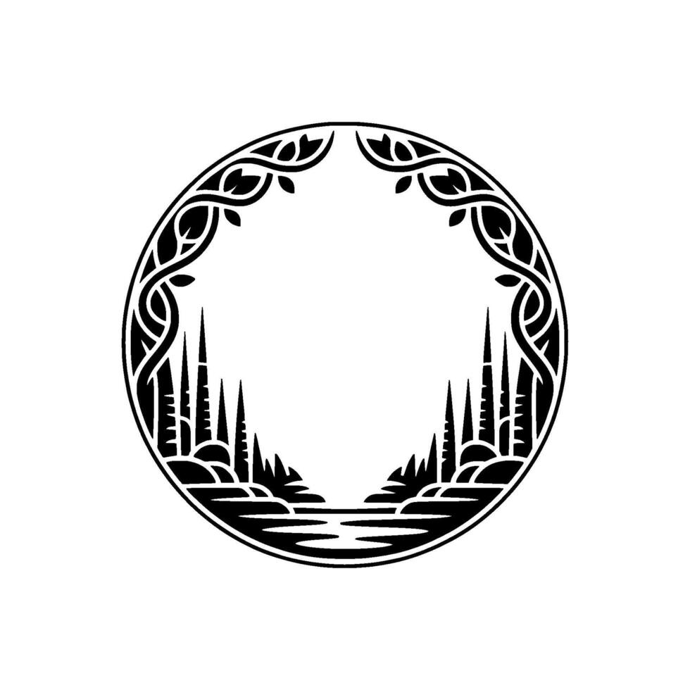 Circular Celtic Landscape Emblem, Mystical Silhouette vector