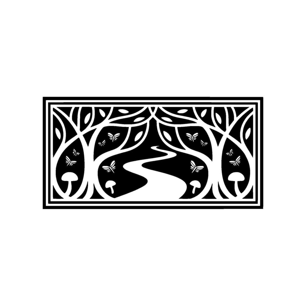 Intricate Forest Emblem, Black White Botanical Illustration vector