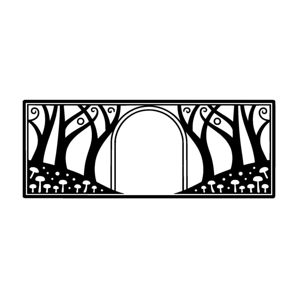 Enchanted Forest Gateway, Stylized Black White Illustration vector