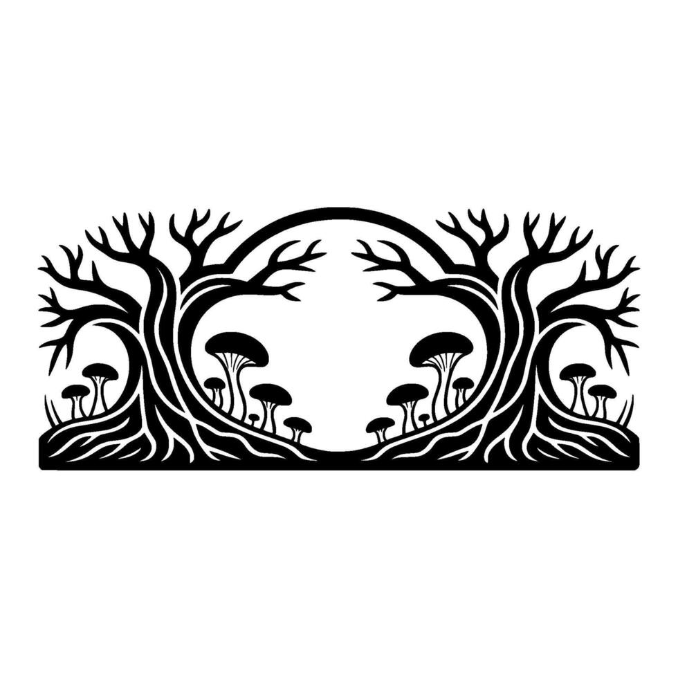 Mystical Forest Silhouette, Circular Portal, Organic vector