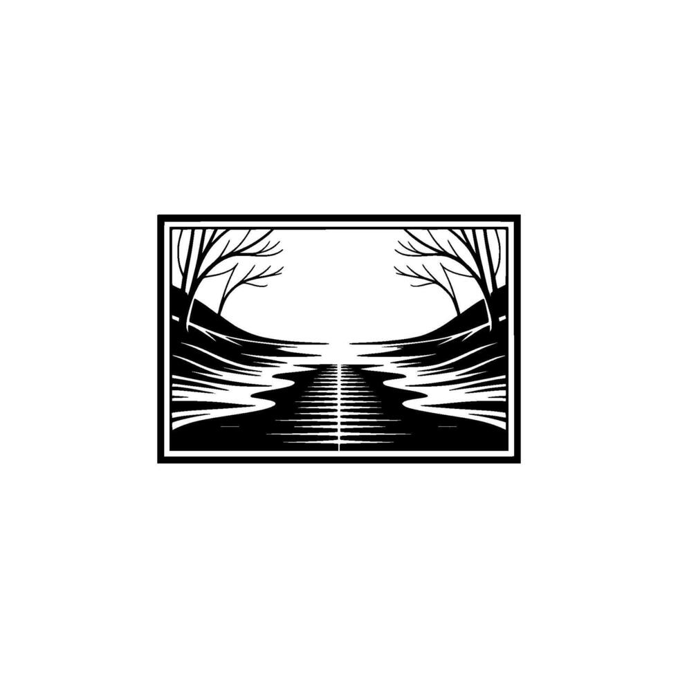 Serene Lakeside Silhouette, Minimalist Landscape Emblem - Blackandwhite vector