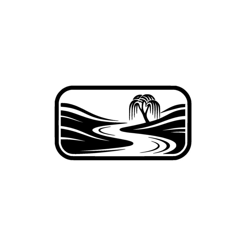 Serene Riverbank Silhouette, Tranquil Landscape Emblem vector