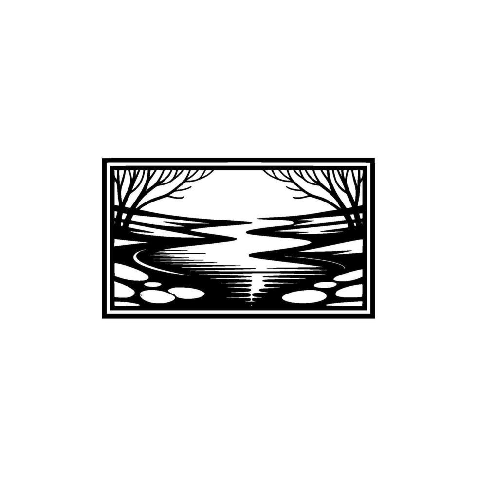 Serene Lakeside Reflection, Minimalist Landscape Illustration vector