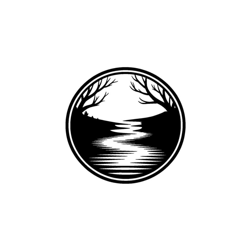 Serene Lakeside Silhouette, Mountain Vista Emblem - River vector